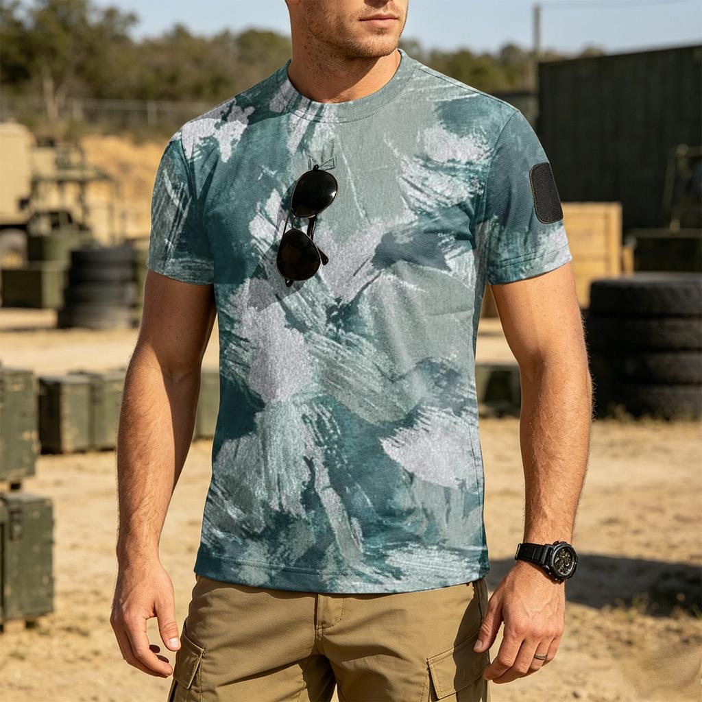 Men's Tactical Outdoor Quick Dry Short Sleeve T Shirt Loose Fit Breathable Crew Neck Camouflage Print with Hook and Loop Patch Area