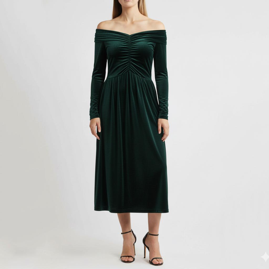 Damenmode Lässiges Samtkleid Einfarbig Elegant Hochtailliert Slim Langarm Schulterfrei Langes Kleid