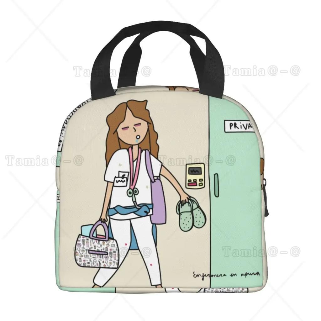 Cartoon Ladies Nurse Printed Lunch Bag for Women No Paro De Doblar Enfermera En Apuros Insulated Cooler Oxford Food Tote Bags