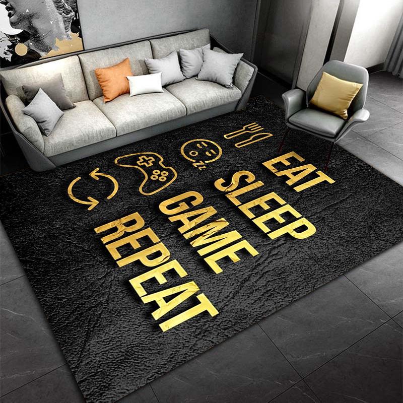 Gaming Carpet with "Eat Sleep Game Repeat" Golden Text Design Suitable for use as an anti-slip for living room bedroom sofas