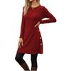 Women's Casual Round Neck Hem Slit Long Sleeve Dress