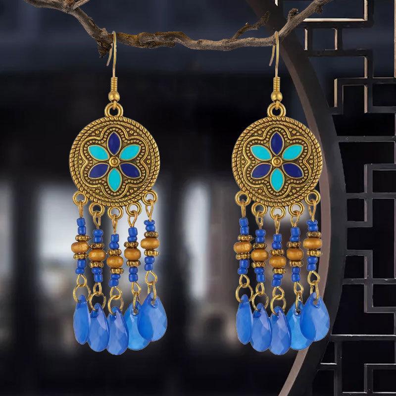 Ethnic Style Earrings, High-End Long Beaded Water Drop Fringed Earrings, Bohemian Ear Jewelry.