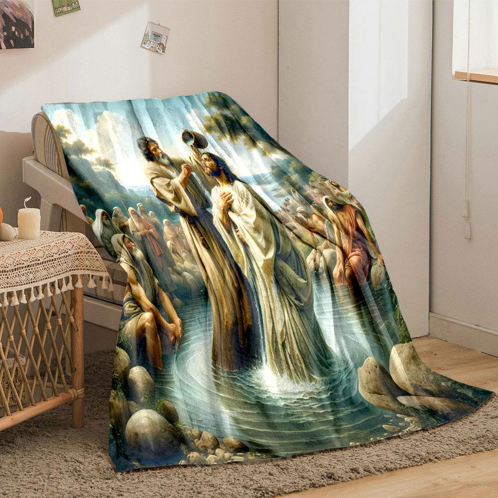 Jesus Baptism Religious Art Blanket Printed Blanket for Living Room Bed Couch lunch break Soft Cozy Blanket for Friend's festival Gift