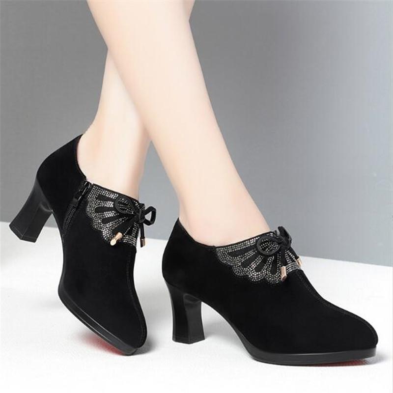 Fashion Deep Mouth Block Heels Platform Shoes Women Pumps 2025 Pointed Toe Ladies Leather Shoes Woman High Heel Office Shoes Black