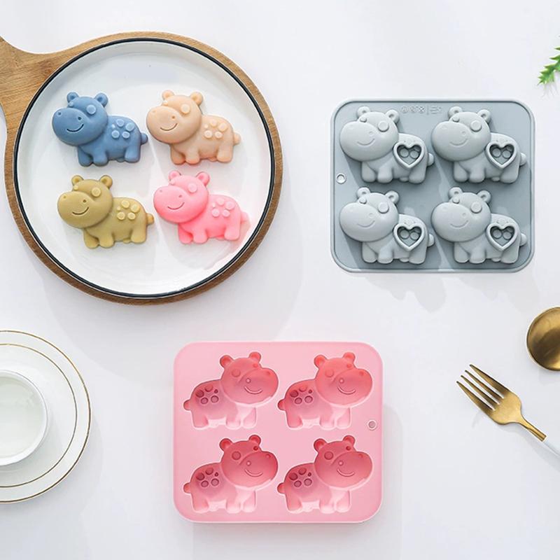 Four Cavity Hippo Silicone Mold Heart Design for Chocolate Candy Baking Creative Pastry Tools