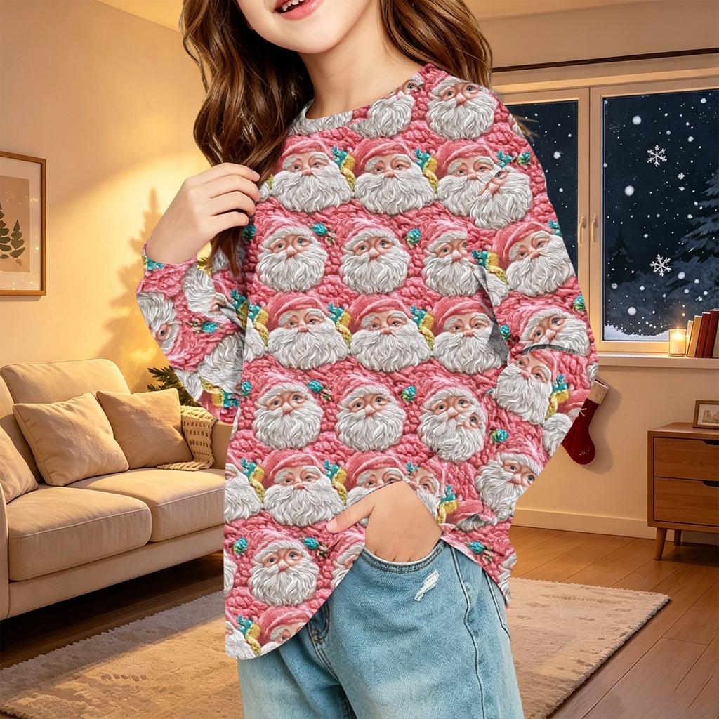 Children's Christmas Print Long Sleeve Neck Shirt with Pocket for Boys and Girls