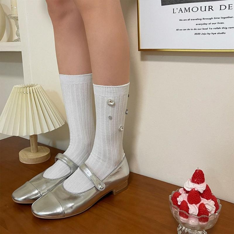 Womens Ribbed Crew Socks, Thin Comfort Breathable Rhinestone Socks, Above Ankle Crew Socks for Womens Schoold Girl