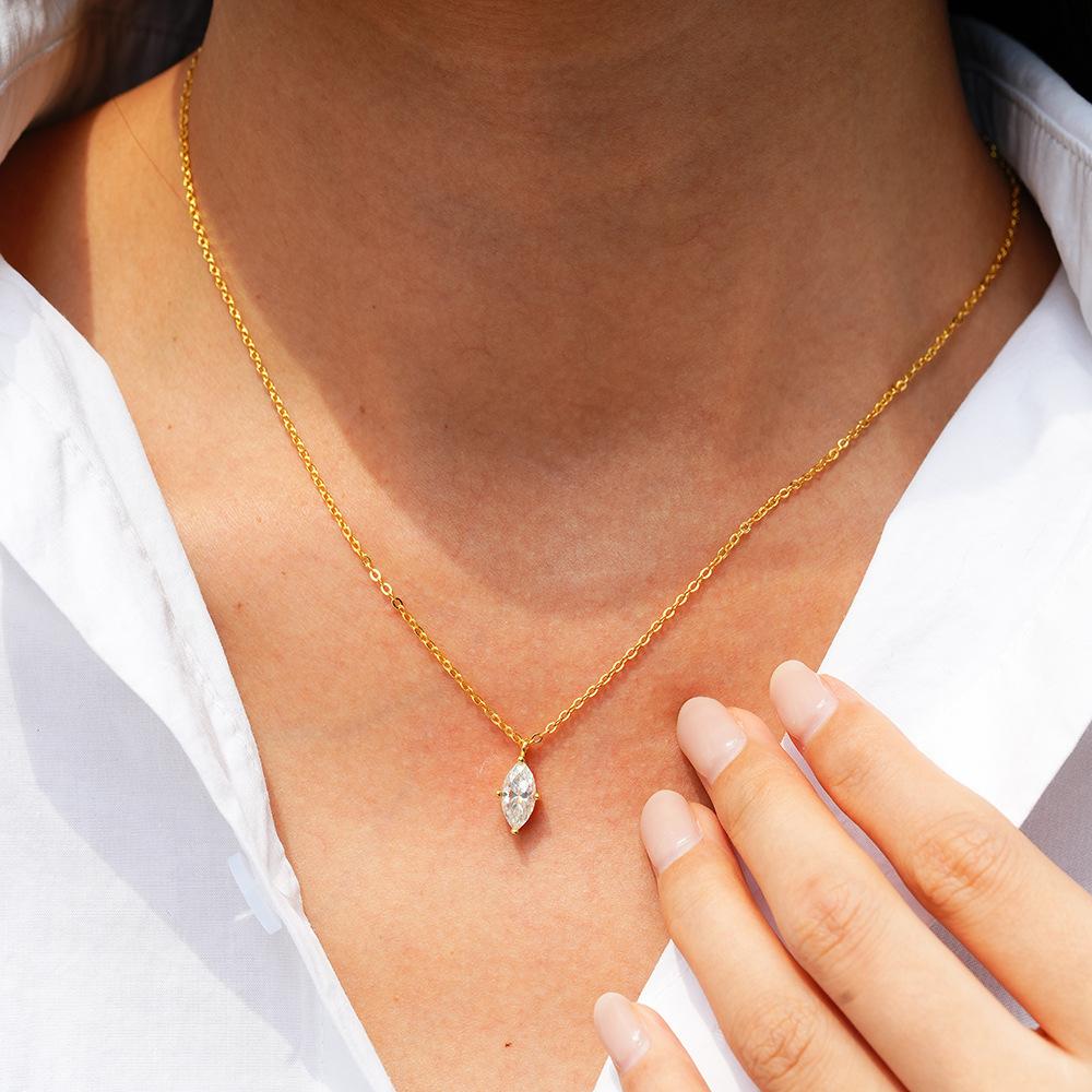 925 Sterling Silver 1CT Marquise Cut Moissanite Pendant Necklace for Women – 14K Gold Plated Minimalist Jewelry