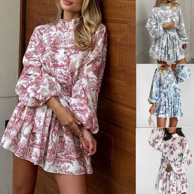 Ladies' Elegant and Fashionable Long Sleeved Lace Up Printed Shirt Dress