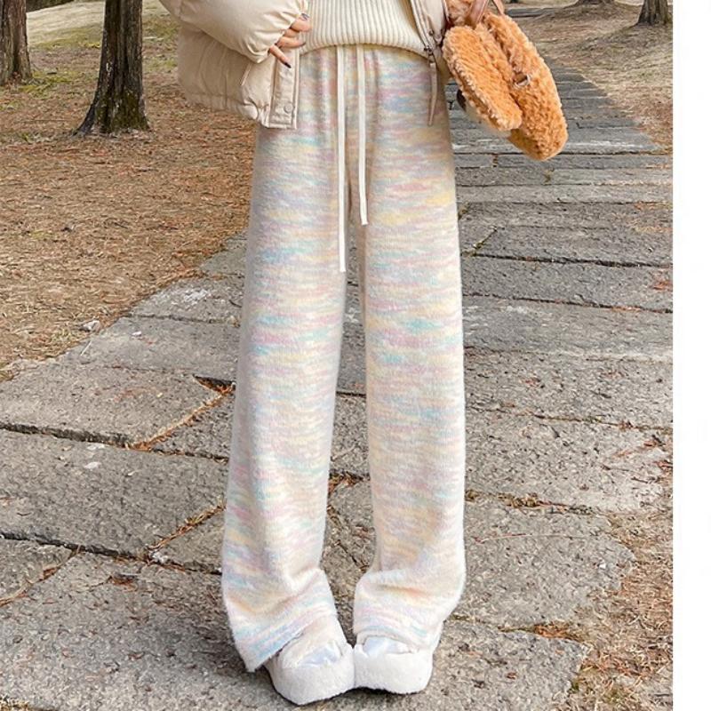 Diandian Rainbow Plus Fleece Glutinous Rice Pants for Women In Fall and Winter New Soft Glutinous Slim Fitted Knitted Narrow Wide Leg Pants