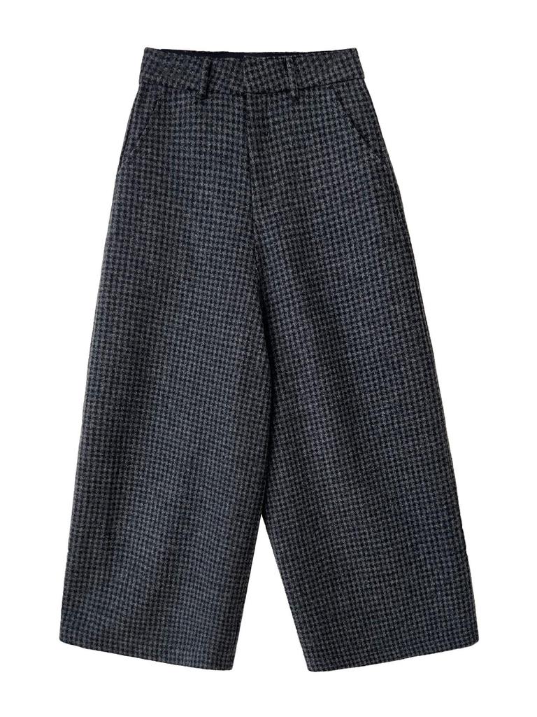 Women's Retro Plaid Wool Cropped Wide-Leg Pants - 80% Wool, Thickened for Winter