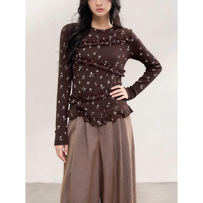 Women s Floral Lace Spliced Round Neck Long Sleeve T-Shirt - Perfect Winter Base Layer 3XL коричневый