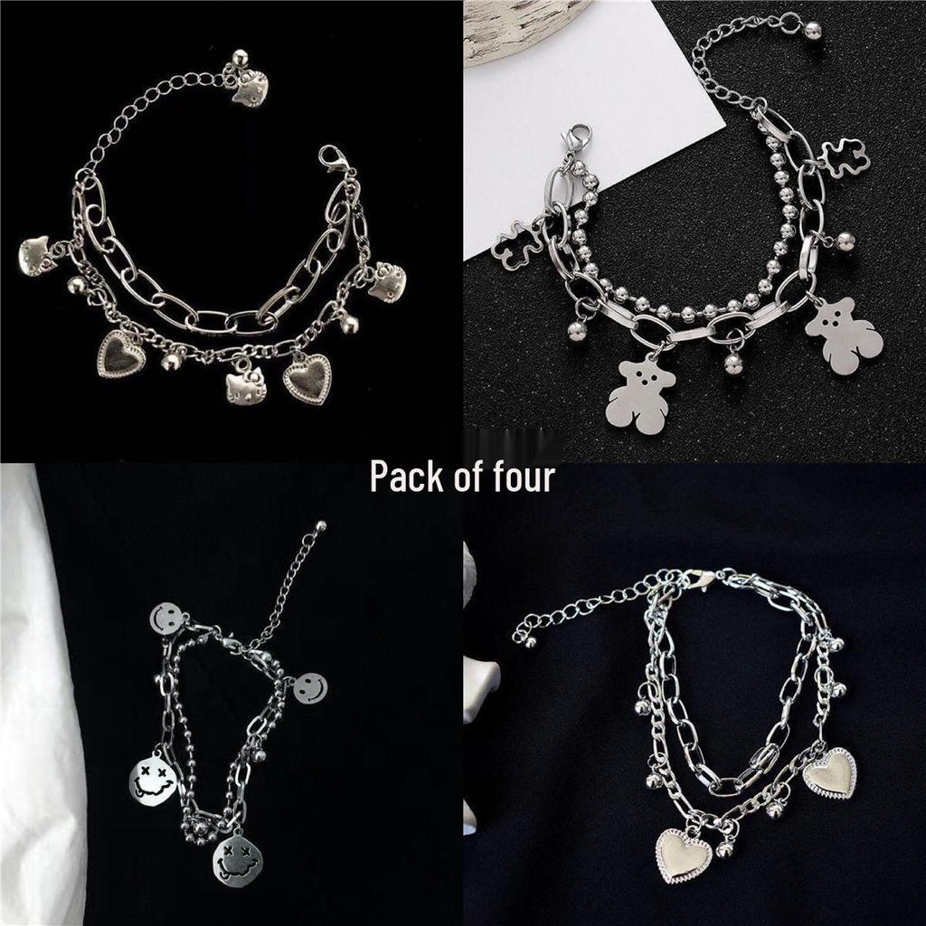 Dark Alloy Double Layer Bracelet with Heart, Little Bear, and Cross Pendants