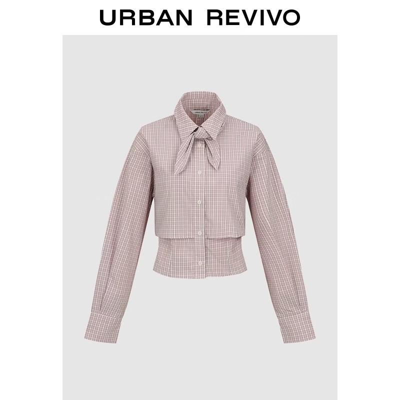 UR 2026 Spring Pastel Plaid Tie-Waist Open-Front Shirt M