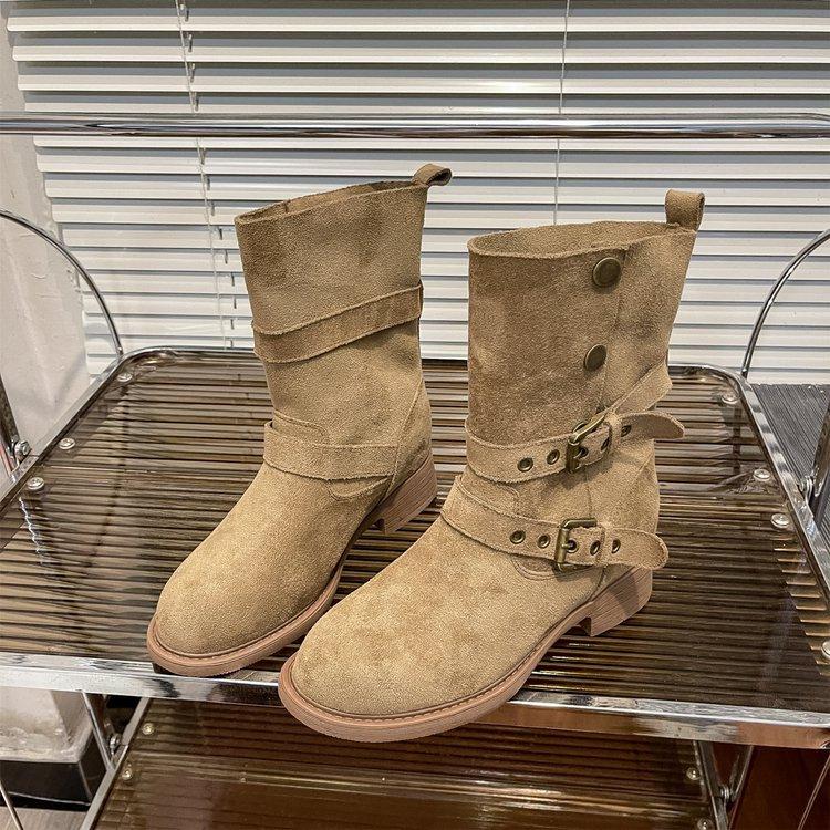 Cowhide Version! Seoul Flanged Boots~ 6cm Inner Height Increase Buckle Thick Heel Desert Boots Outdoor Short Boots Women's Western Boots