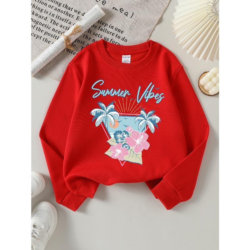 European sizes Girls' Crewneck Sweatshirt Summer Vibes Palm Trees Flowers Sunset, Soft Comfy Sportswear for Teens