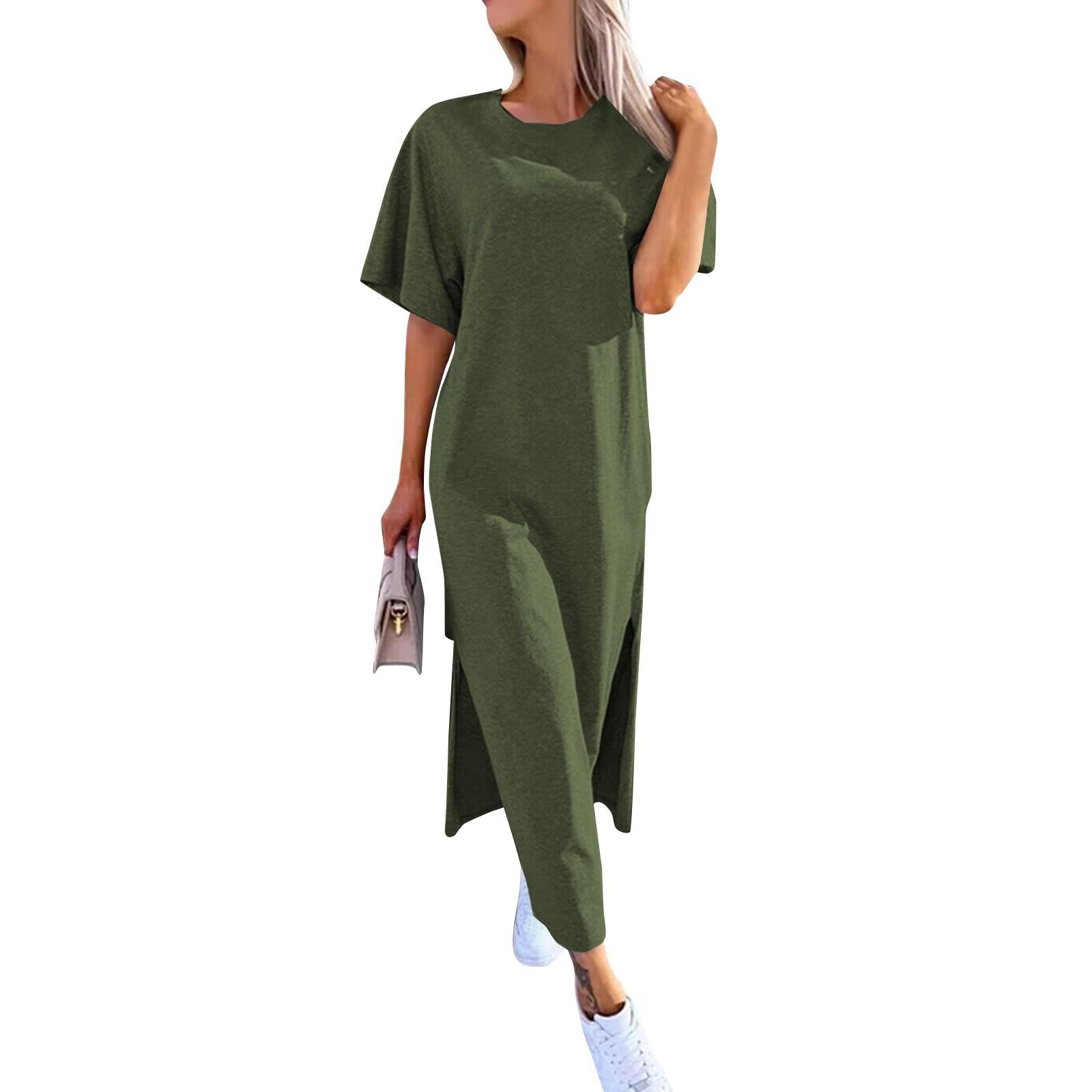 Women s Color Short Sleeved Round Neck Hem Slit Dress L