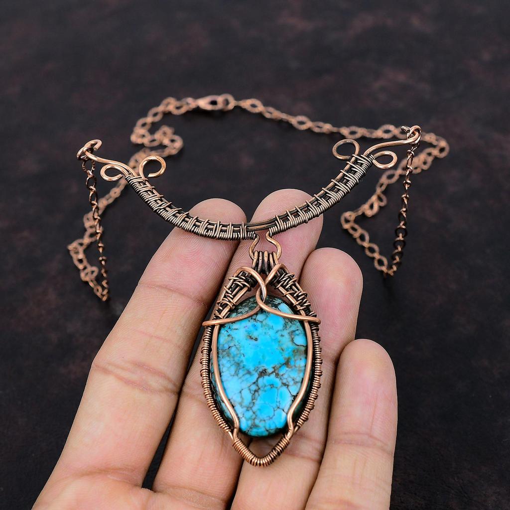 Tibetan Turquoise Gemstone Necklace Copper Wire Wrapped Necklace Adjustable Necklace Copper Wire Wrap Jewelry Handmade Necklace Gift For Her