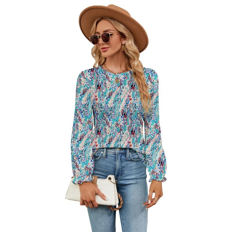 Autumn Winter Floral Top Women's Loose Versatile Round Neck Pullover T-shirt