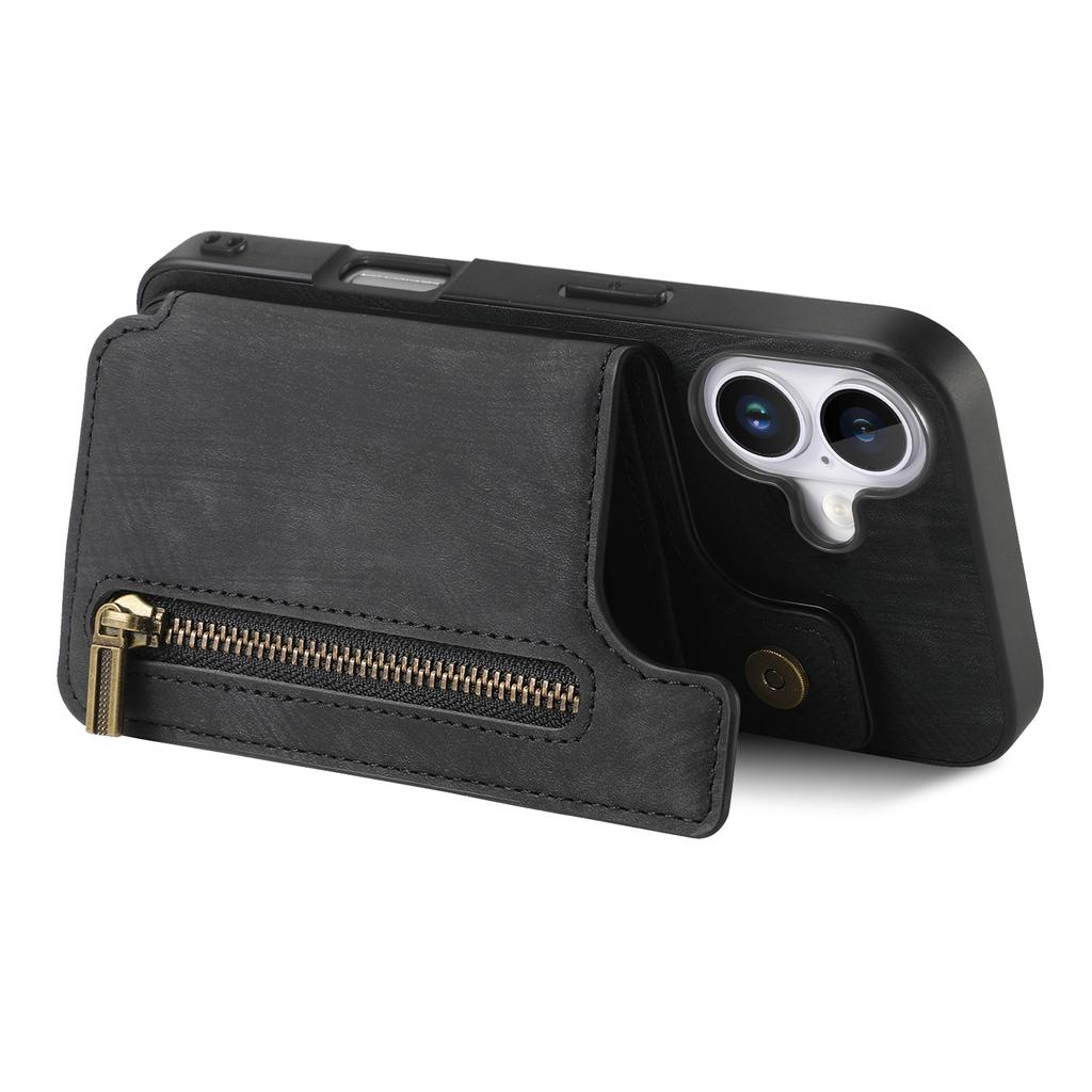 For iPhone 16 Pro Case with Card Holder Retro Leather+TPU Zipper Phone Cover