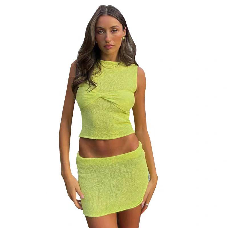 

Летний шикарный сексуальный костюм из 2 предметов без рукавов, женский трапециевидный силуэт в мини-юбке + тонкие повседневные топы, женские эстетические милые однотонные уличные пляжные женские комплекты S жёлтый