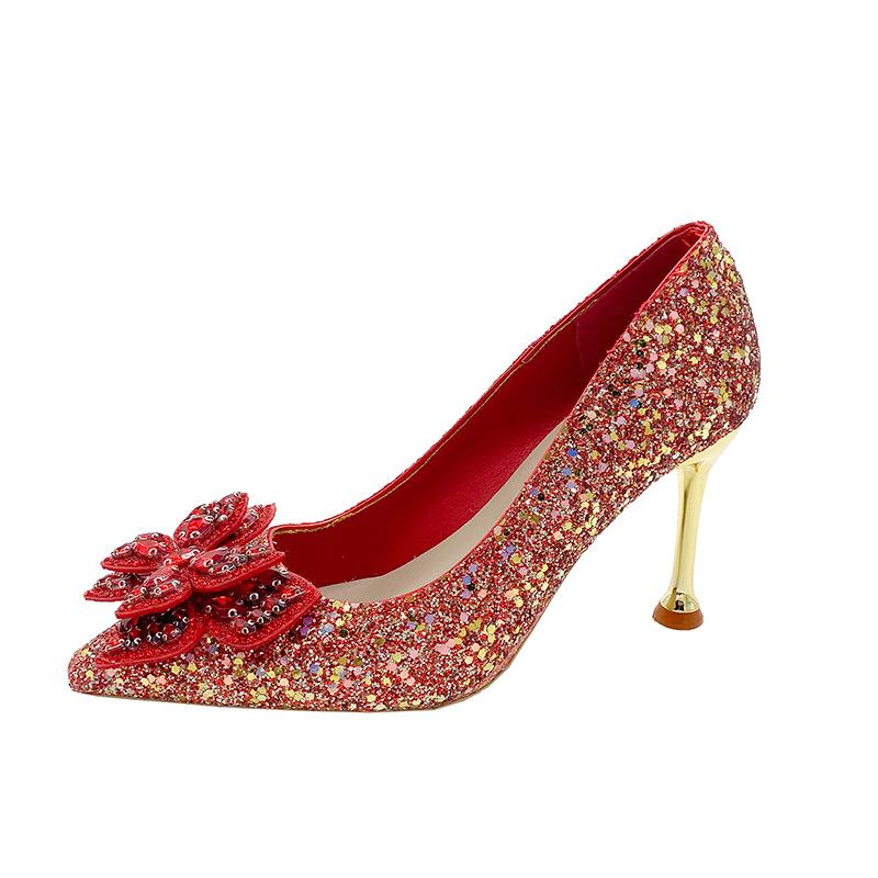 Large size Chinese wedding shoes bridal shoes new crystal sequined wedding show he thin heel pointed single shoes
