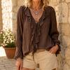European and American new women's clothing ruffle leaf edge lace-up horn sleeve pleated V-neck long-sleeved shirt top
