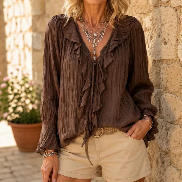 European and American new women's clothing ruffle leaf edge lace-up horn sleeve pleated V-neck long-sleeved shirt top