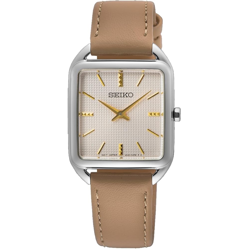 Женские кварцевые часы Seiko квадратного дизайна SWR089P1 Серебристый Бежевый Кожаный ремешок