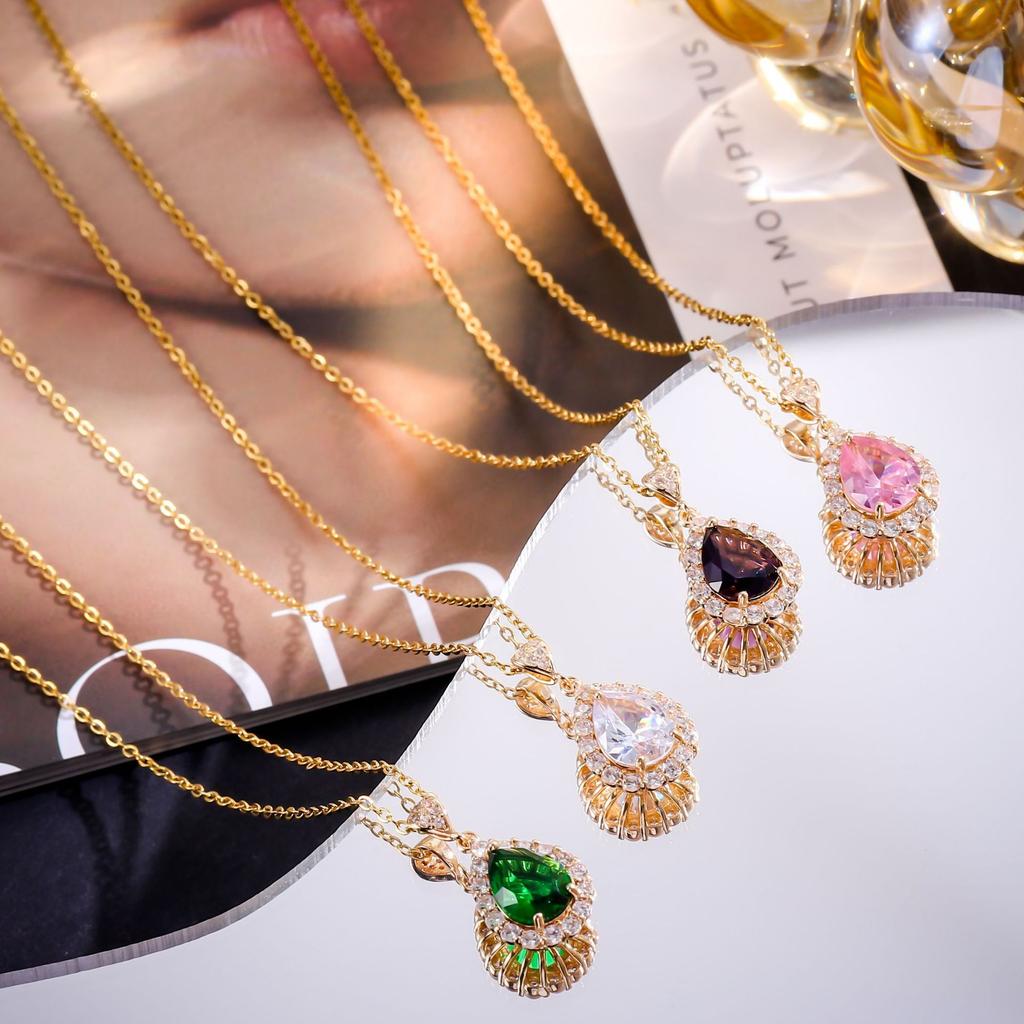 Colorful Zircon Water Drop Pendant Necklaces for Women Girls Stainless Steel Chain Simple Trendy Jewelry Accessories Gifts