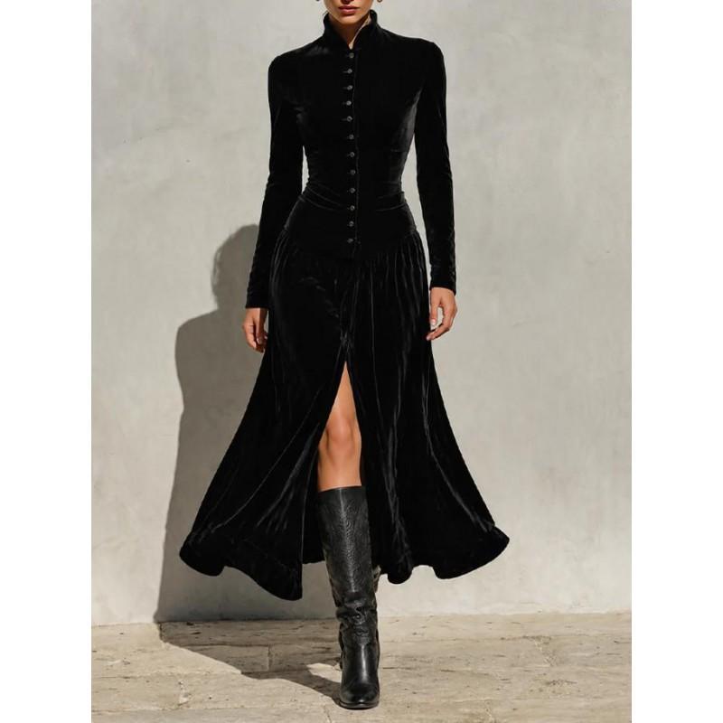 2026 Fall Winter Solid Button Long Sleeve Stand Collar Slit Elegant Dress Women