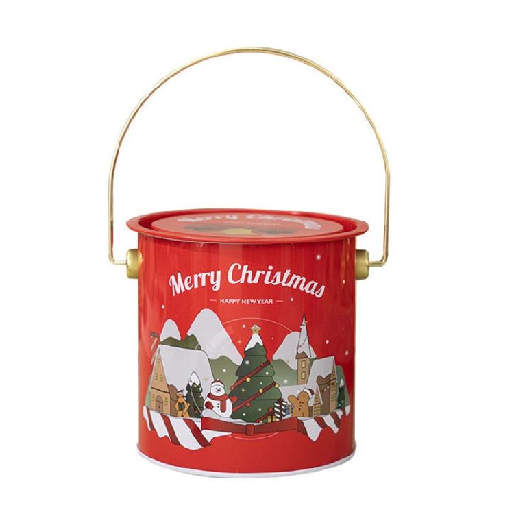 2pcs Decorative Christmas Candy Boxes Handheld Round Bucket Portable Sweets Tins with Handle for Family Gathering