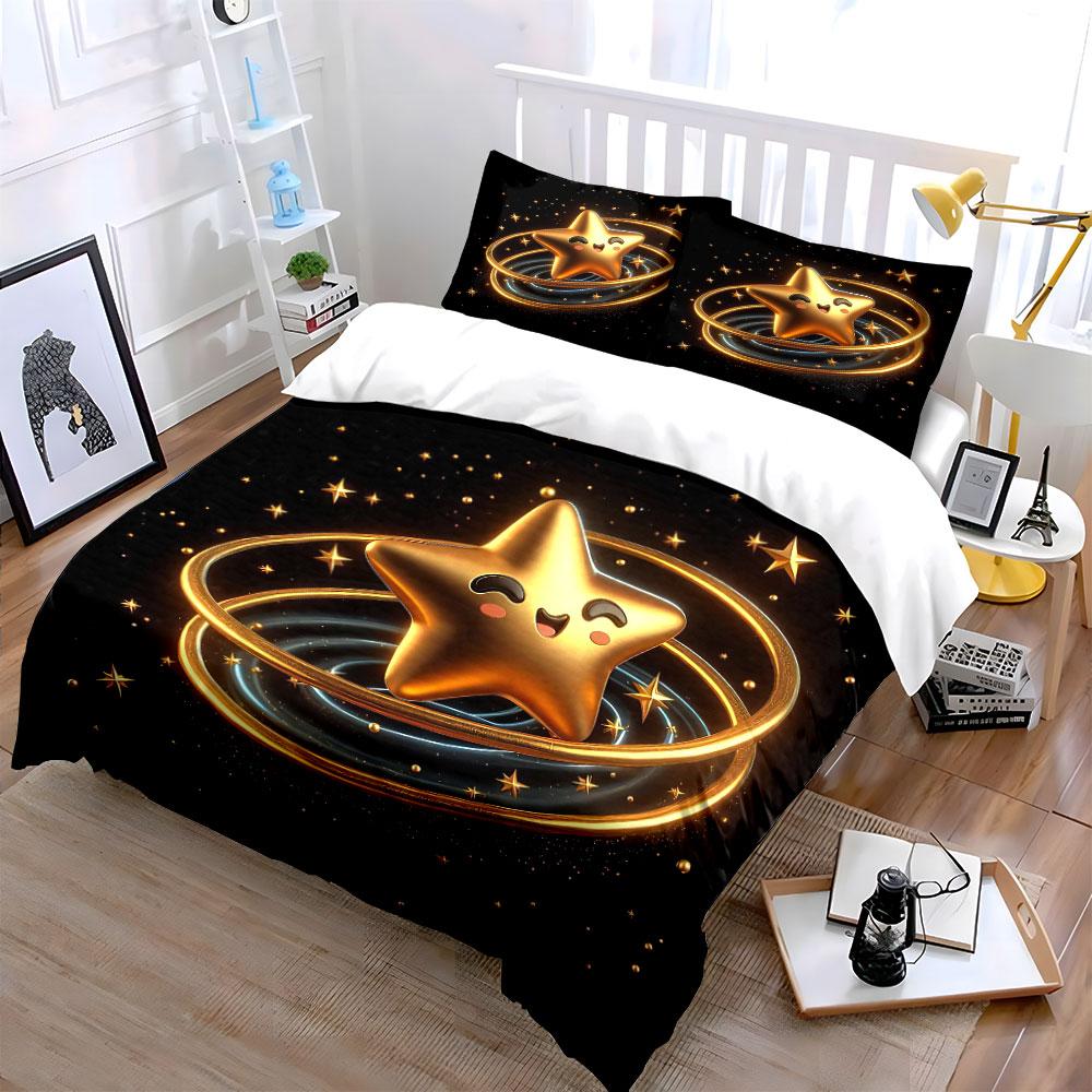 Golden Star Decor Set Bedding Set With 1 Duvet Cover 2 Pillowcases Single Double King Queen, Gift