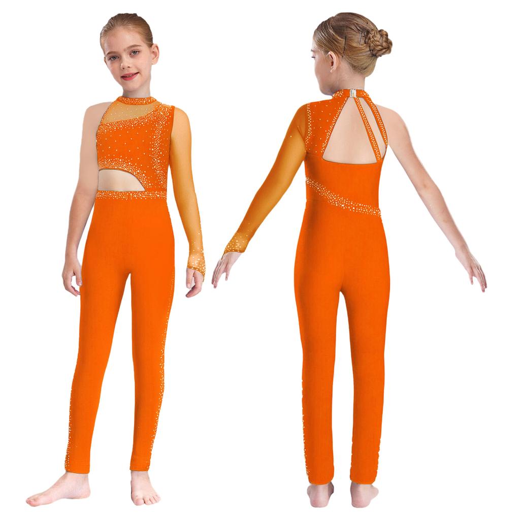 Mädchen Ganzkörper-Trikot Durchsichtiges Netz Patchwork Cutout Asymmetrisches Design Stehkragen Funkelnde Strasssteine Gymnastik Tanz Kostüm