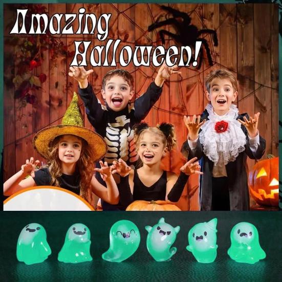 Halloween Mini Ghost Figures with Box Miniature Glow-in-The-Dark Ghost Figurine Luminous Tiny Ghost Toy for Home Party Decor