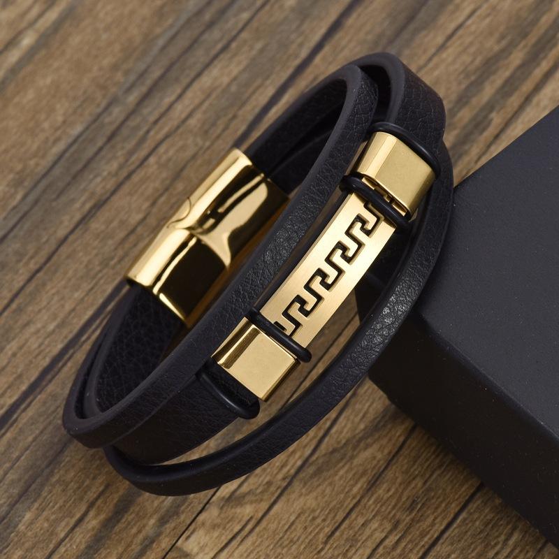 Gold Plated Stainless Steel Great Wall Patterned Leather Bracelet, Personalized Punk Magnetic Buckle, Multi-layer Leather Bracelet for Men