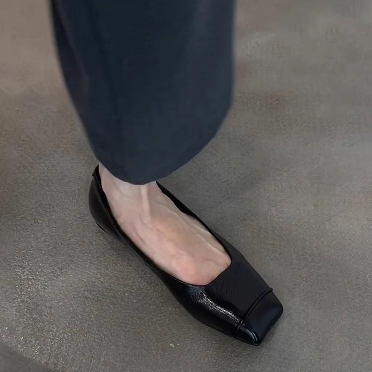 Sheepskin Version~ Black Retro Thin Leather Comfortable Commuting Flat Shoes Women's Minimalist Square Head One Pedal Small Single Shoes