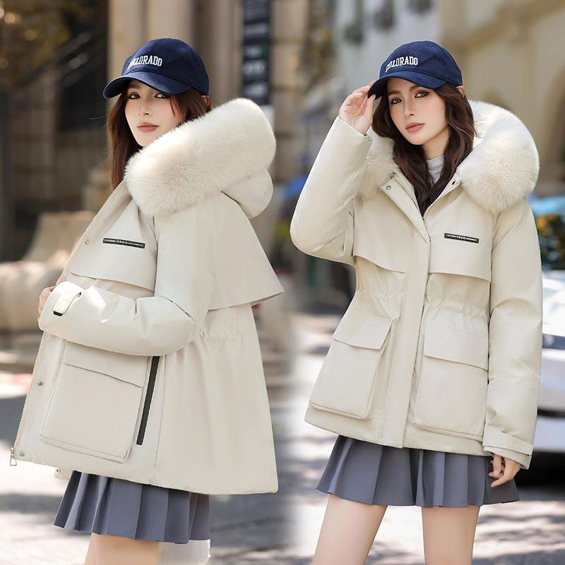 Big fur collar down cotton clothes women's winter waist thin thickened color matching tooling pie overcome coat