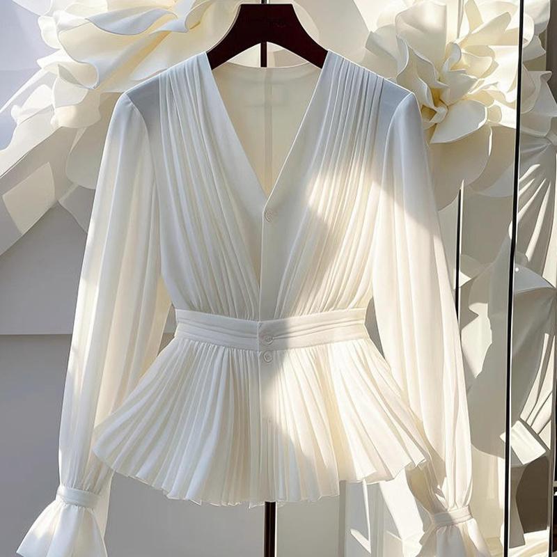 Women's Autumn French Temperament V-neck Long Sleeved Top High-end White Shirt