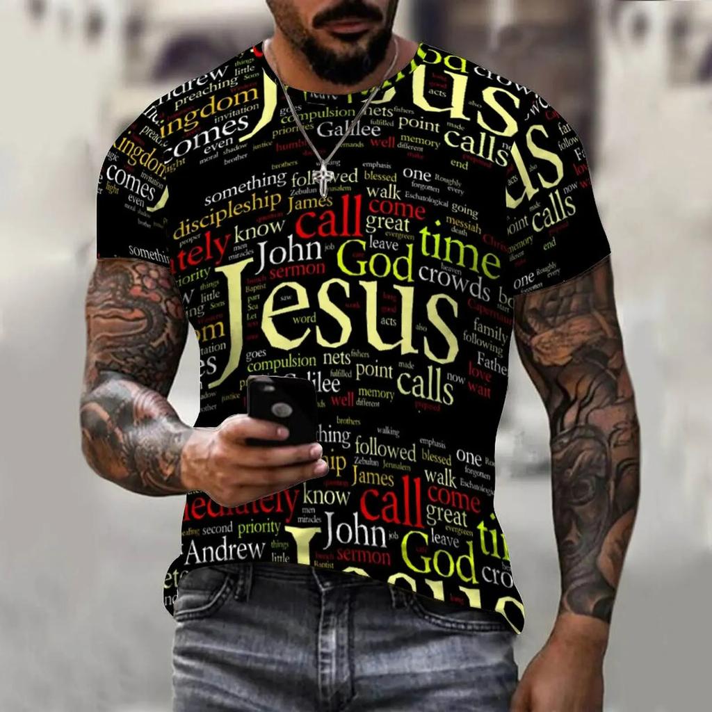 New Fashionable Letter Jesus Printed 3D Graphic Men's T-shirt Fashionable Street Round Neck Short Sleeved Casual Top T-shirt