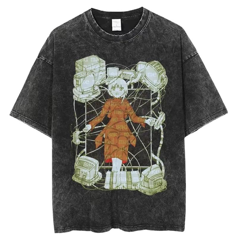 Anime Serial Experiments Lain Vintage Washed T Shirt Summer Men Women Tshirt Cotton Harajuku Oversized Short Sleeve Tees Tops