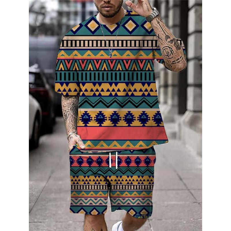 2025 New Summer Men's Short Sleeve Shorts Set Street Everyday Casual Men's T-Shirt Outdoor Fashion Loose Shorts Bohemian Print