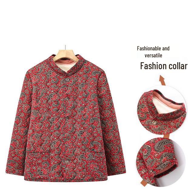 Floral Velvet-Lined Winter Cotton Jacket for Middle-Aged & Elderly