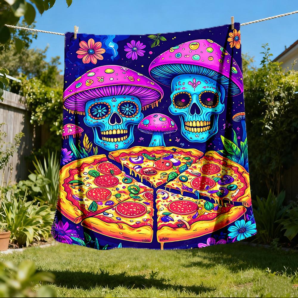 1pc Psychedelic Mushroom Pizza Print Outdoor Blanket, Lightweight Polyester,