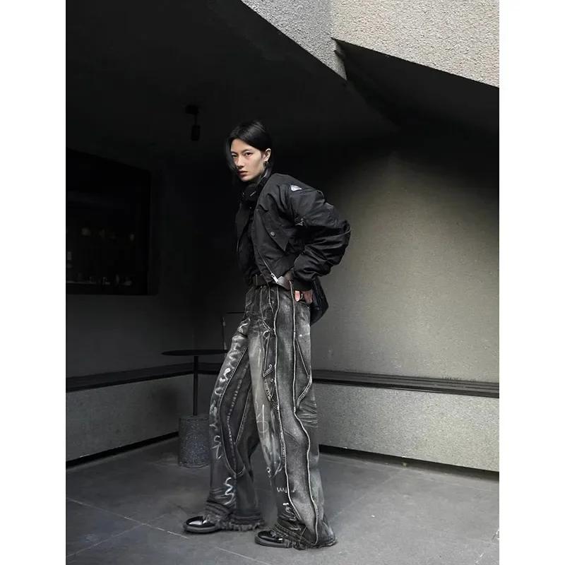 Women Black Gothic Y2k Graffiti Jeans Vintage Hip-hop Baggy Aesthetic Washing Fashion Striped Pants Korean Trashy Denim Trousers