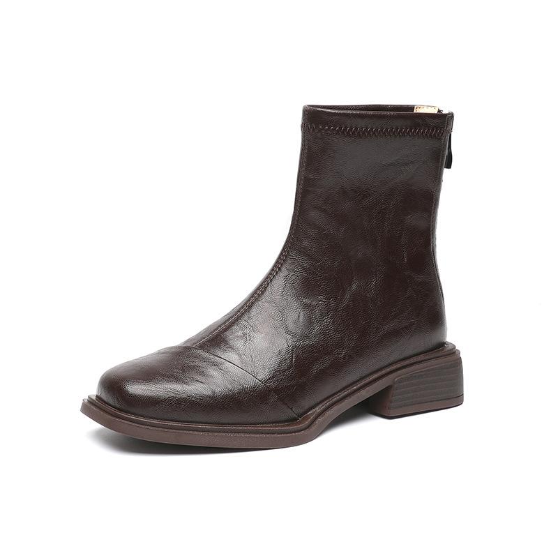 French Women's Boots Retro Thin Women's Boots Thick Heel Square Head Rear Zipper Simple Autumn and Winter Martin Boots