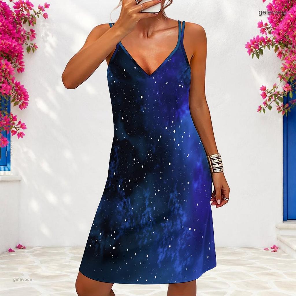 Women Plus Size V Neck Double Straps Sleeveless Black White Printed Curved Hem Mini Dress