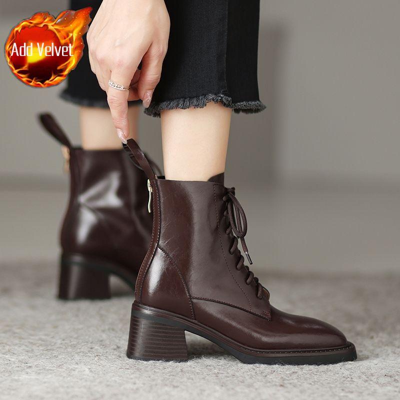 

Женские ботильоны на шнуровке с квадратным носком, кожаные на каблуке, теплые ботильоны, осенне-зимняя обувь, высококачественная женская короткая обувь, распродажа 40