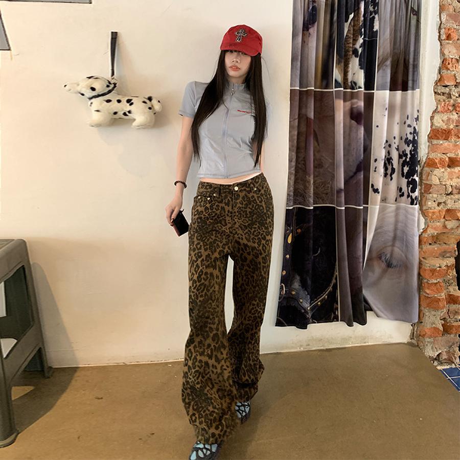

Brown Leopard Print Loose Wide Leg Jeans Women Spring New High Waist Slim Fit Trousers 2XL коричневий