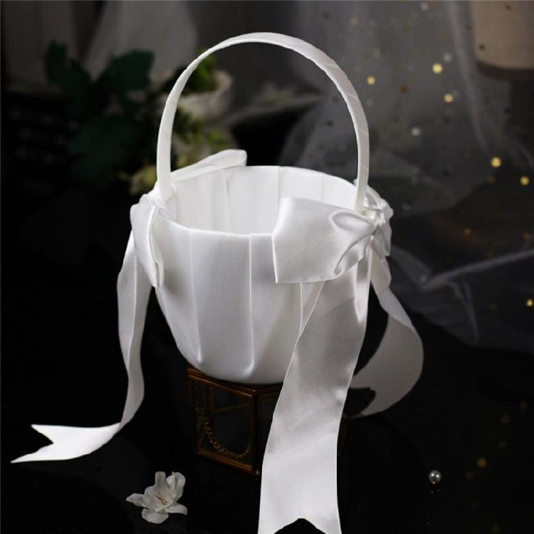 Romance Wedding Ceremony Flower Basket Flower Girl Basket with Satined Wrapped Easy Hold Handle Flower Holder for Bride